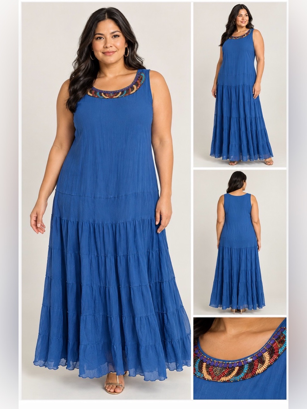 Jones New York Plus Sz 20 Blue Beaded Neck Sleeveless Tiered Maxi Dress Bohemian